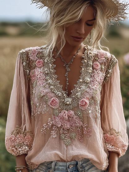 Vintage Pink Rose Embroidery Linen Blend Long-sleeve T-shirt
