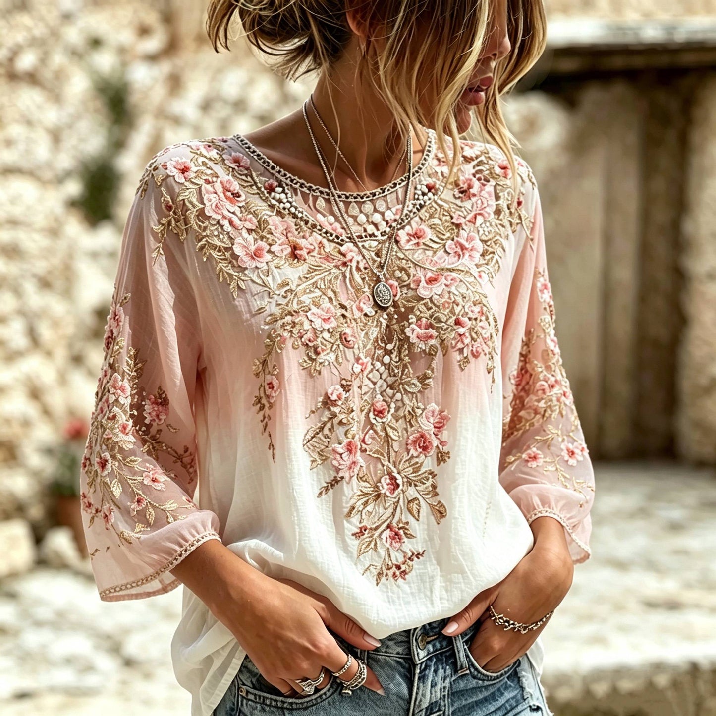 Women's Retro Bohemian Style Floral Print Comfortable Cotton Linen Long-sleeve T-shirt