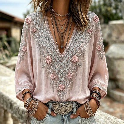Women's Retro Pink Floral Art Casual Linen Blend Three-quarter Sleeves T-shirt