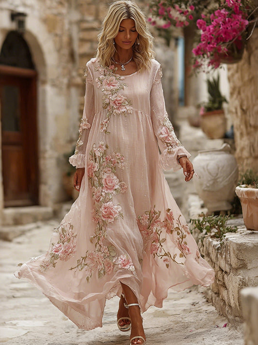 Women's Pink Flower Embroidery Art Crew Neck Long Sleeve Maxi Dress