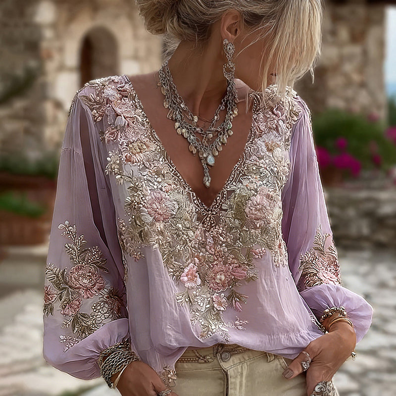 Women's Vintage Pink Floral Embroidered Art Pattern V-neck Long Sleeve Blouse