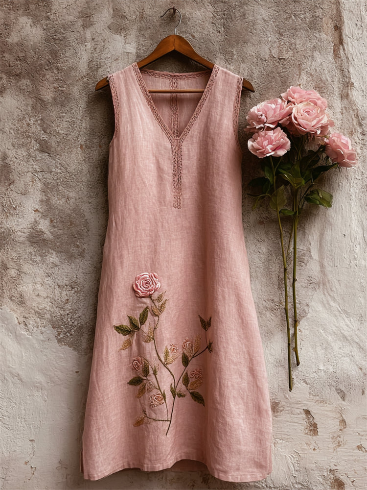 Vintage Classy Pink Rose Linen Tank Dress