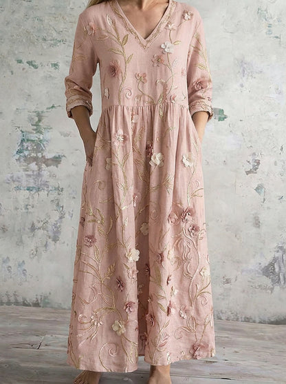 Vintage Floral Art V Neck Casual Maxi Dress
