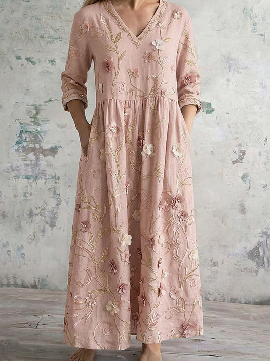Vintage Floral Art V Neck Casual Maxi Dress