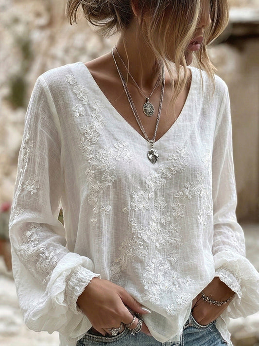 Women's Japanese Floral Art Print V Neck Long Sleeve T-shirt