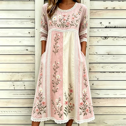 Women's Retro Floral Art Embroidered Patchwork Linen Blend Short Sleeve Dress