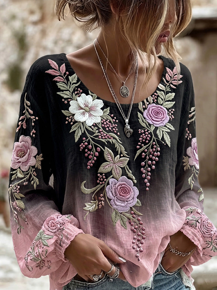 Women's Retro Floral Gradient Art Round Neck Long Sleeve T-shirt