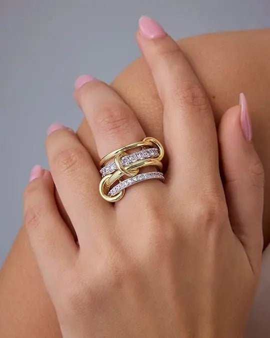 PAVOI 14K Gold Plated Interlocked Stackable Statement Ring for Women – Chunky Multi-Band Double & Triple Ring, Two-Tone Mixed Metals with Cubic Zirconia