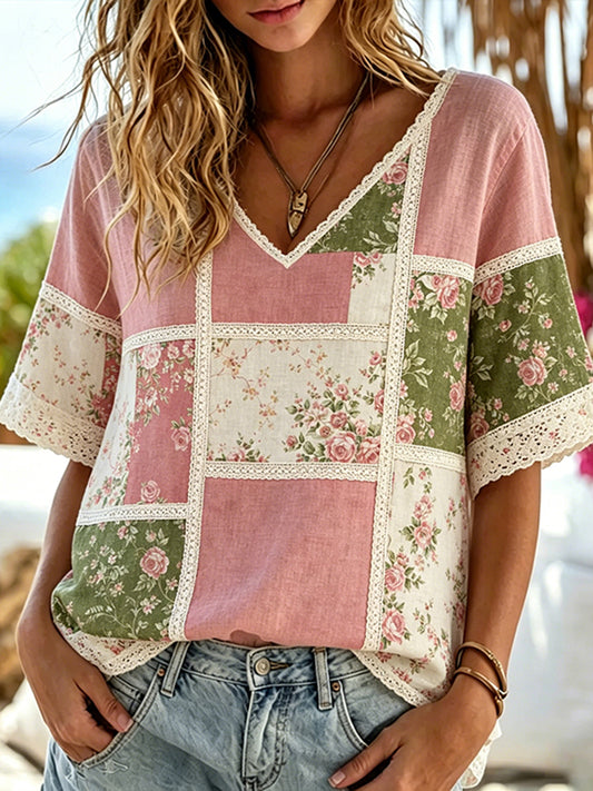 Women's Floral Patchwork Art Print Casual V-neck T-shirt