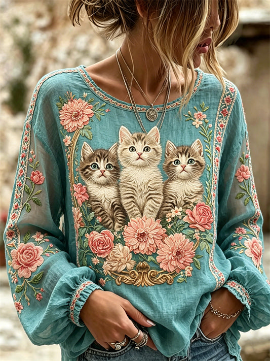Vintage Fuzzy Cats Boho Floral Flowy Linen Tunic