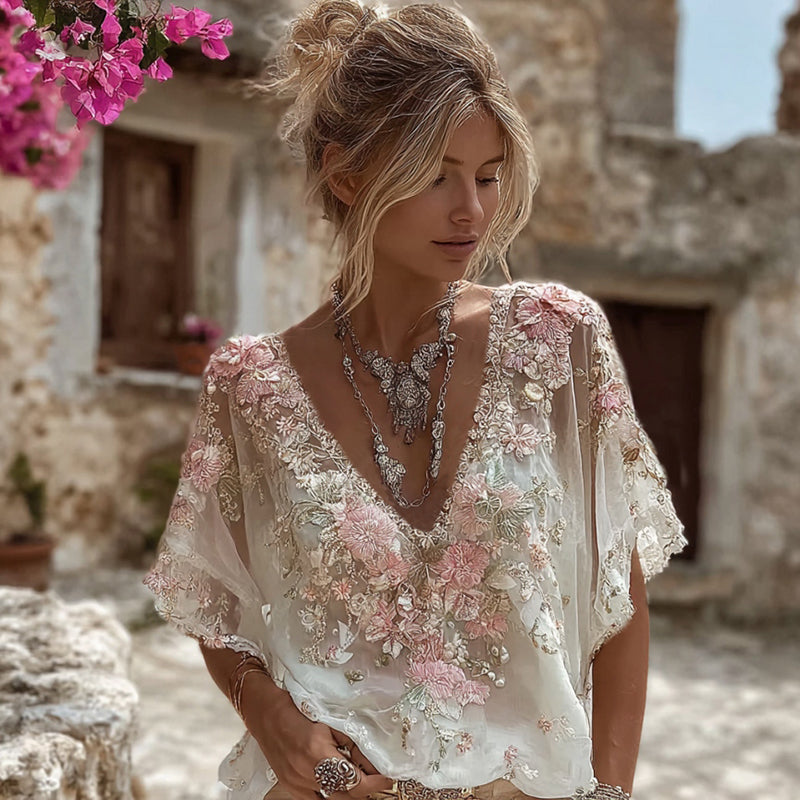 Women's Vintage Pink Flower Embroidered Art V-neck Short Sleeve T-shirt