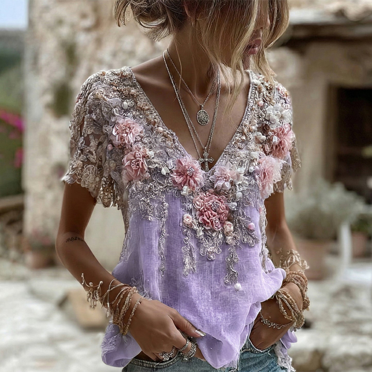 Women's Pink Roses Embroidered Art V-neck Short Sleeve T-shirt