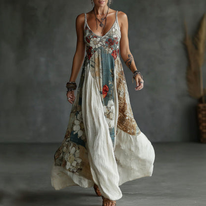 Women's Retro Floral Art Print Cotton Linen Camisole Dress