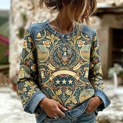 Retro American Independence Day Commemorative Floral Print Faux Denim Cotton Linen Long Sleeve Top