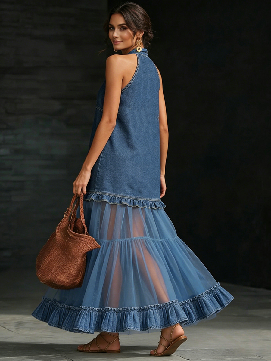 📦📦LAST DAY SAVE 49% ⏰Stylish Elegant Organza-Paneled Denim Maxi Dress