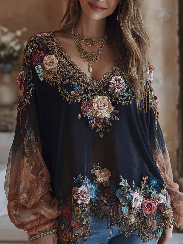 Women's Bohemian-style Floral Embroidered V-neck T-shirt