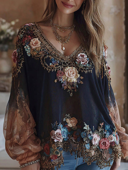 Women's Bohemian-style Floral Embroidered V-neck T-shirt