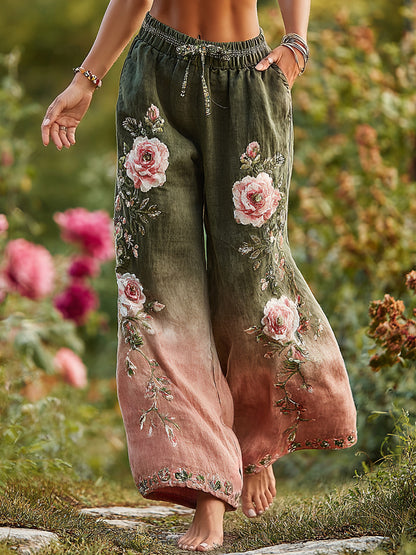 Women's Boho Rose Floral Ombre Cotton Lace Up Casual Pants