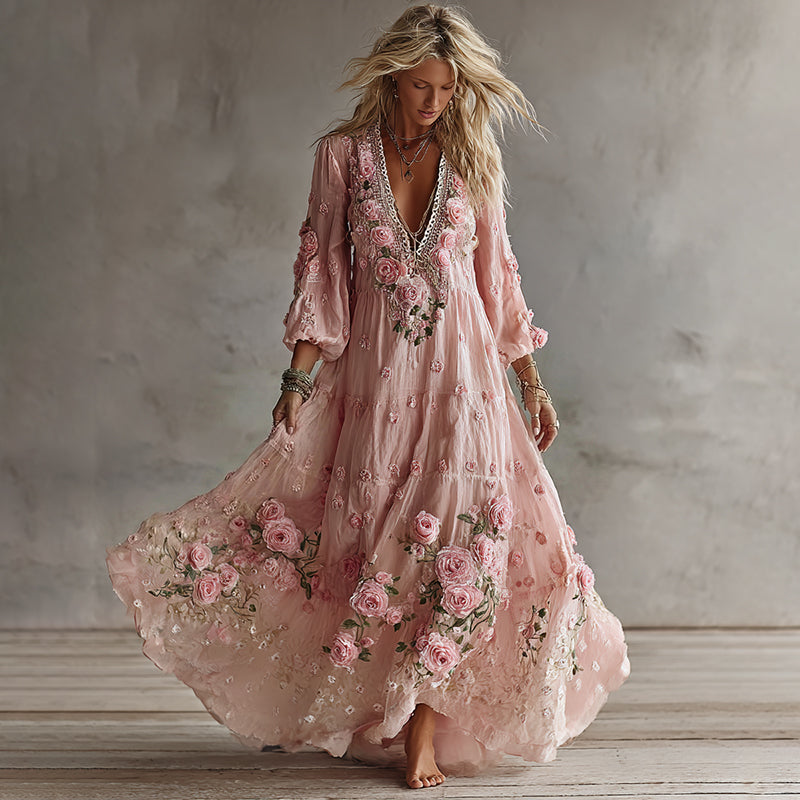 Women's Bohemian Floral Lace V-neck Maxi Dress