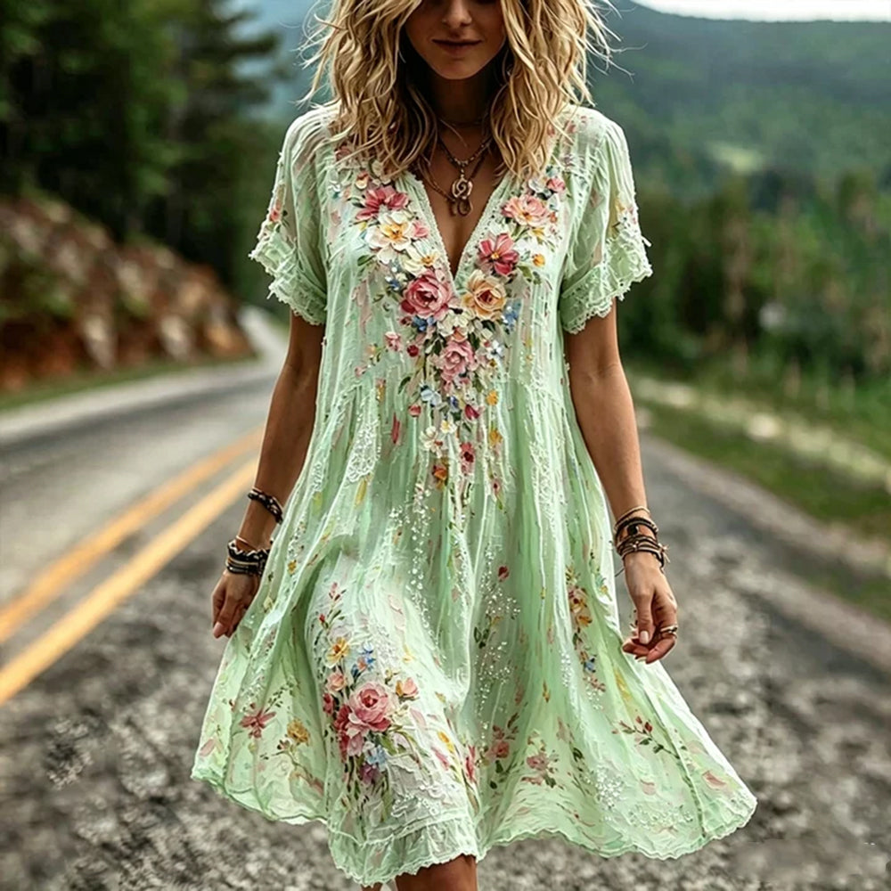 Vintage Floral And Lace Art Cotton Linen Casual V-neck Short Sleeve Dress