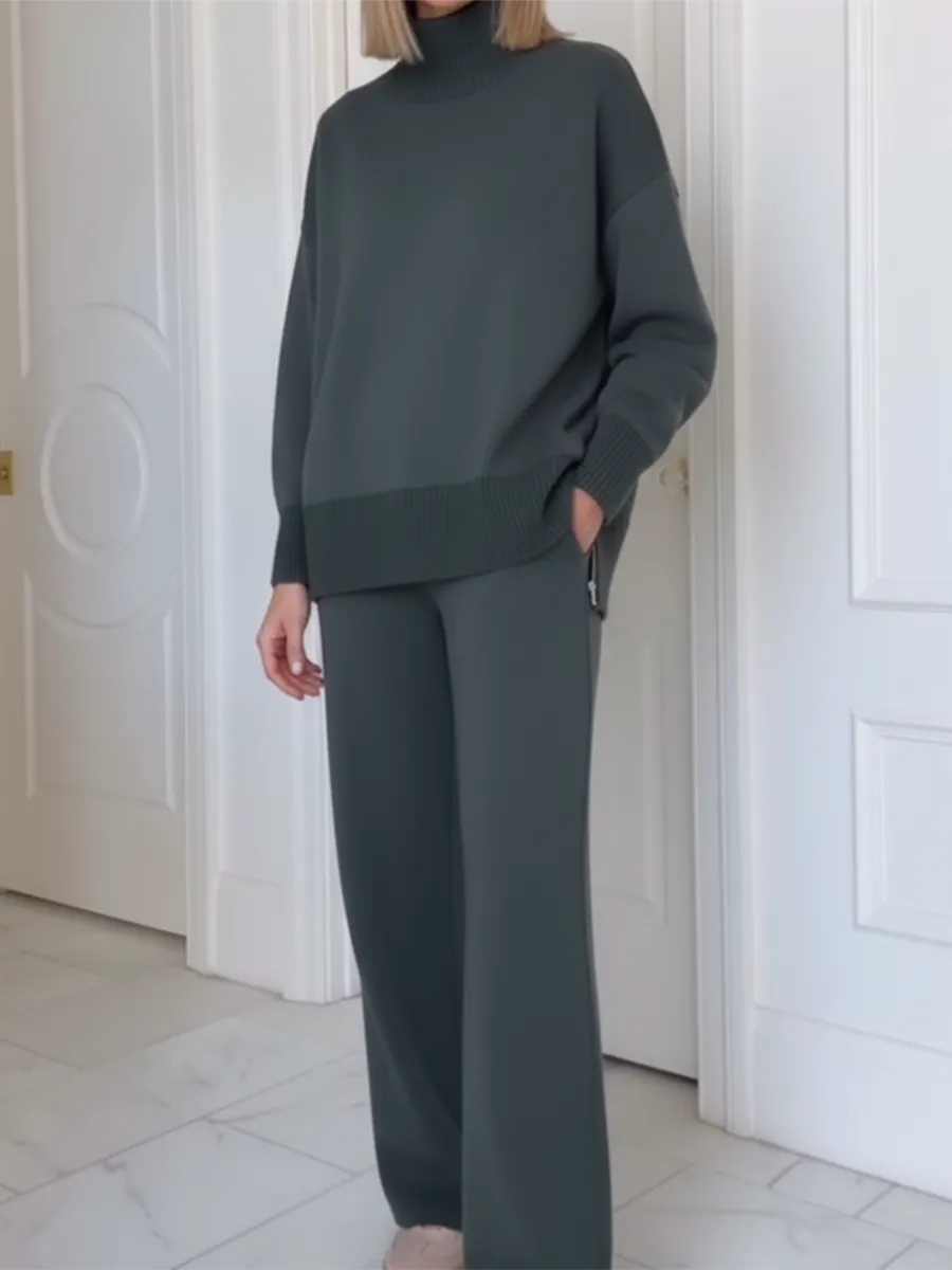 💝💝Casual Travel Stand Collar Side Zipper Top Straight Pants Two-Piece Set