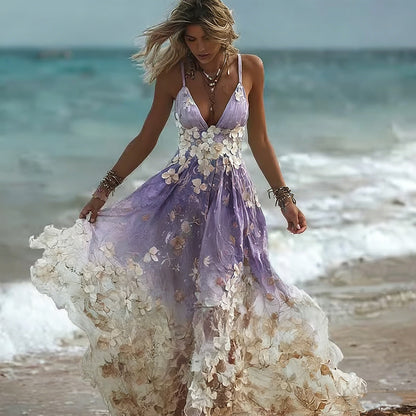 Bohemian Style Plant Flower Gradient Color Long Dress