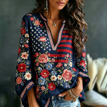 Vintage Floral Flag Art Cotton Linen V-neck Long Sleeve Top