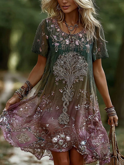 Women's Retro Celtic Tree Of Life Floral Pattern Casual Dress