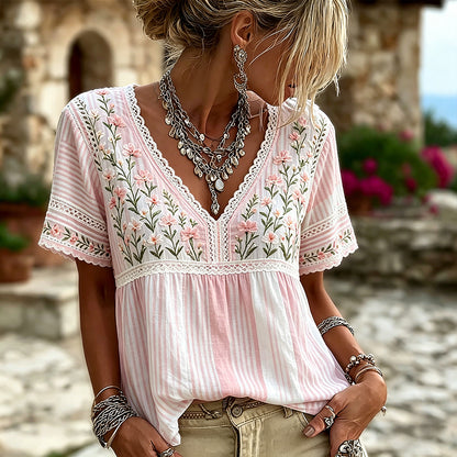 Women's Retro Floral Art Embroidered Color-block Spliced Comfortable Cotton Linen V-neck Short Sleeve Top