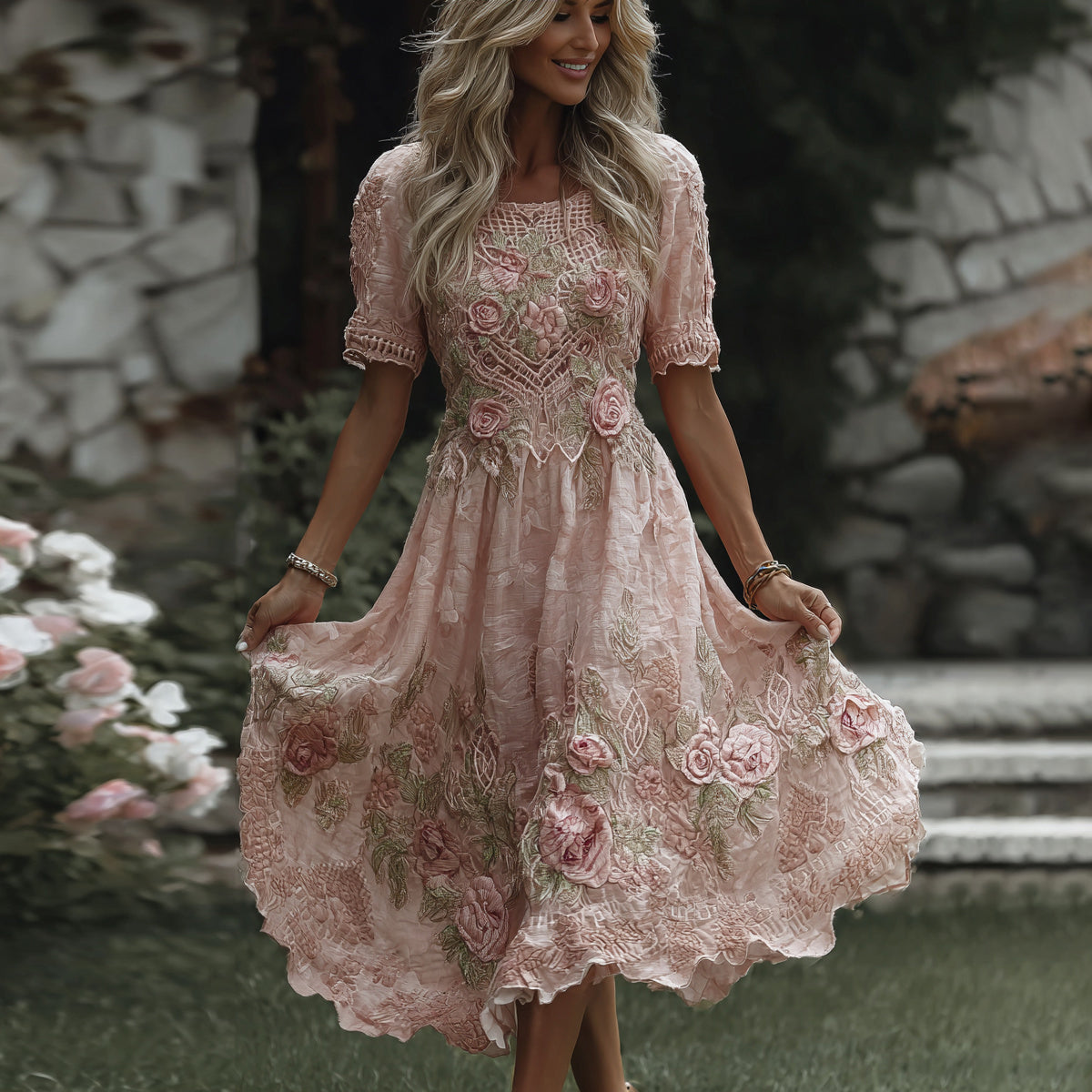 Women's Floral Art Print Flowy Linen Blend Casual Short Sleeve Maxi Dress