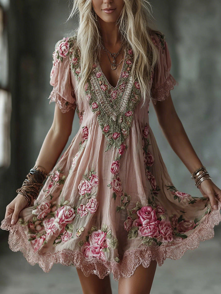 Women's Pink Floral Embroidery Art V Neck Short Sleeve Midi Dress