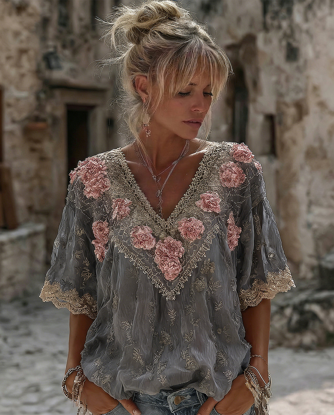 Women's Vintage Spring Floral Embroidered Art Print Flowy Linen Blend Short Sleeve Casual Tops