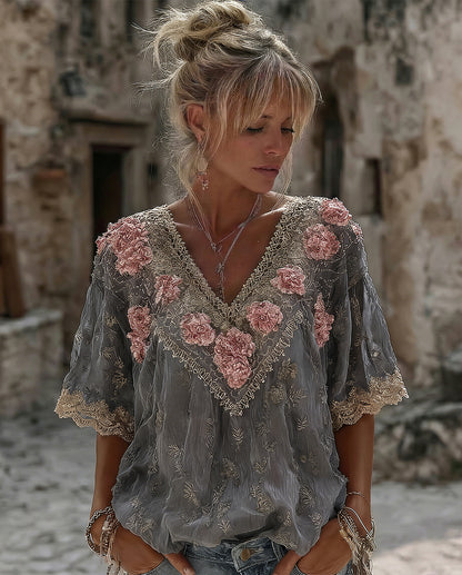 Women's Vintage Spring Floral Embroidered Art Print Flowy Linen Blend Short Sleeve Casual Tops