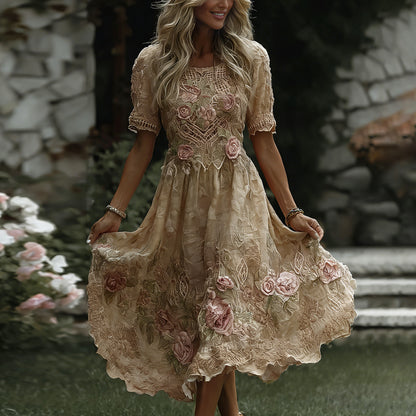 Women's Floral Art Print Flowy Linen Blend Casual Short Sleeve Maxi Dress