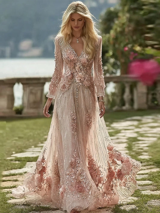 Vintage Boho Floral Embroidered Glitter Flowy Linen Maxi Dress