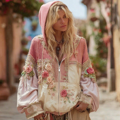Women's Floral Embroidery Color Block Boho Casual Zip-up Hoodie
