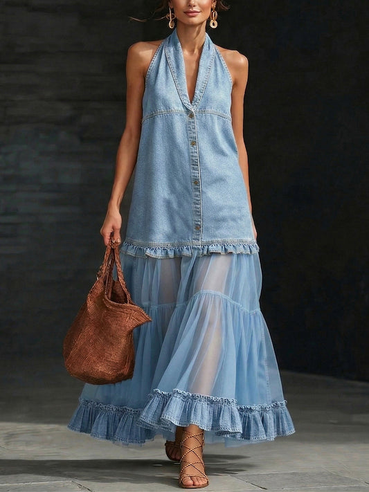 📦📦LAST DAY SAVE 49% ⏰Stylish Elegant Organza-Paneled Denim Maxi Dress