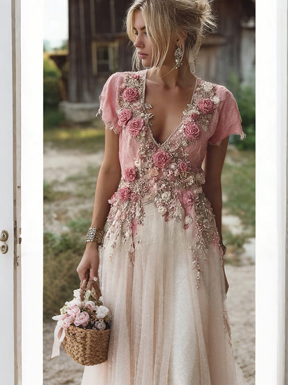 Vintage Pink Boho Roses Art V Neck Linen Maxi Dress