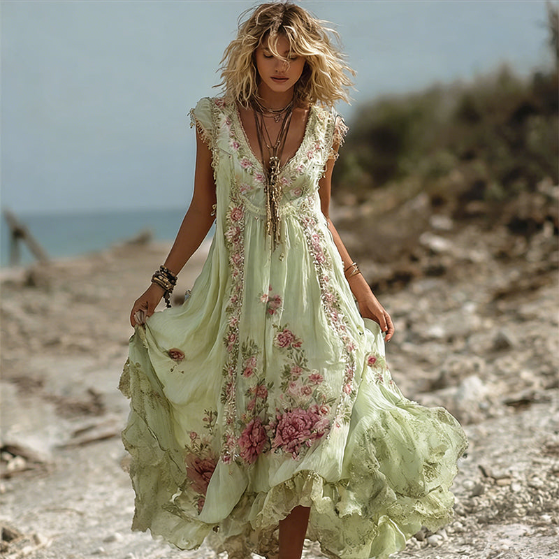 Vintage Boho Pink Roses Lace Flowy Linen Maxi Dress