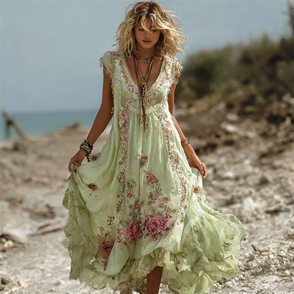 Vintage Boho Pink Roses Lace Flowy Linen Maxi Dress