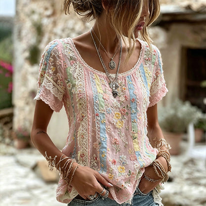 Women's Handmade Floral Embroidery And Lace Art Splicing Lightweight Cotton Linen Round Neck Short Sleeve Top