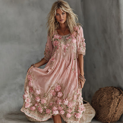 Women's Floral Roses Art Print Flowy Linen Blend Casual Short Sleeve Dress