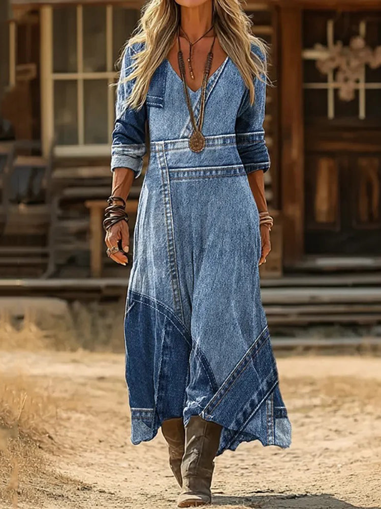 Women's Denim Printed Patchwork Art Print Dress