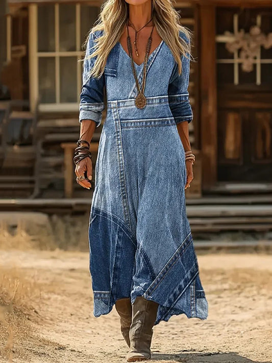 Women's Denim Printed Patchwork Art Print Dress