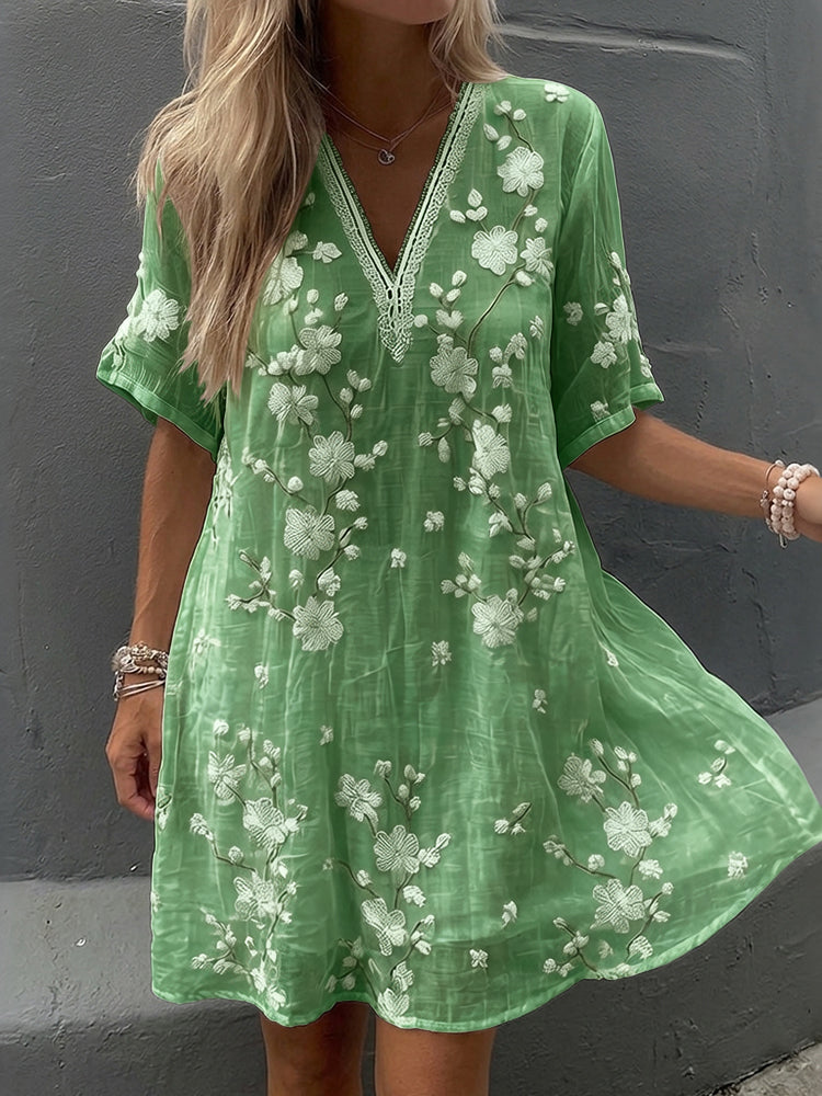 Women's Vintage Floral Print V-neck Short-sleeve Linen Dress