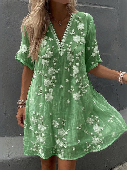 Women's Vintage Floral Print V-neck Short-sleeve Linen Dress