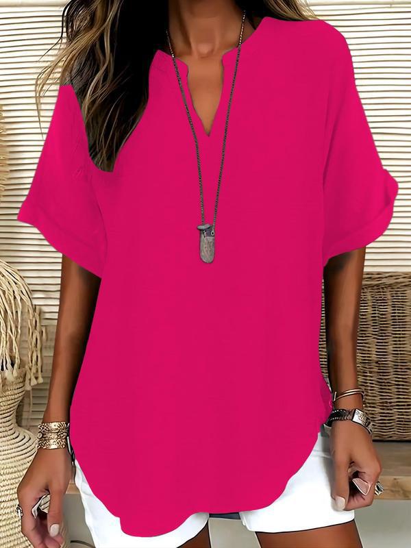 📦📦Women's Plain Short Sleeve Blouse, Casual Solid Color Top for Daily Wear, Ladies Clothes for All Seasons