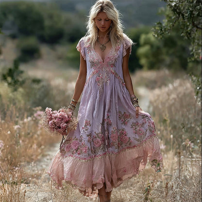 Boho Pink Floral Embroidered Lace Trim Flowy Linen Maxi Dress