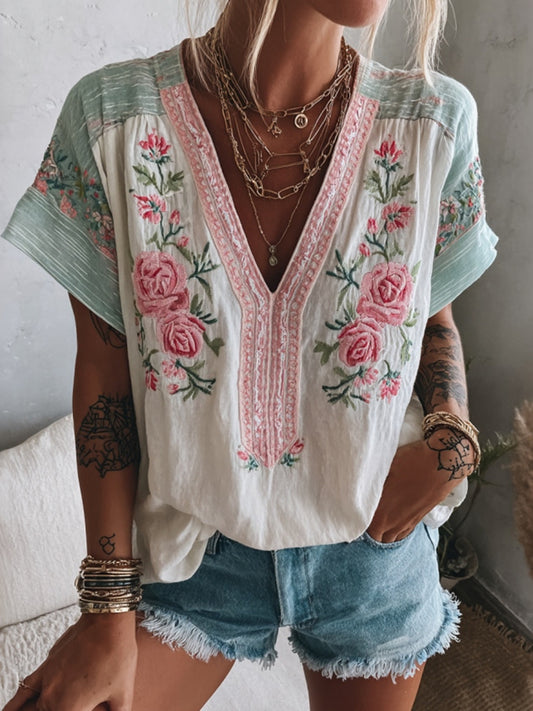 Women's Vintage Rose Color Block Cotton Linen V-neck Short Sleeve Top