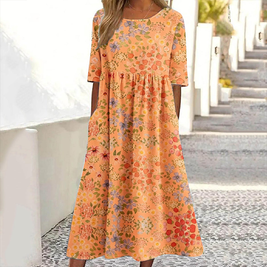 Women's Floral Print Crew Neck Linen Blend Casual Midi Dress
